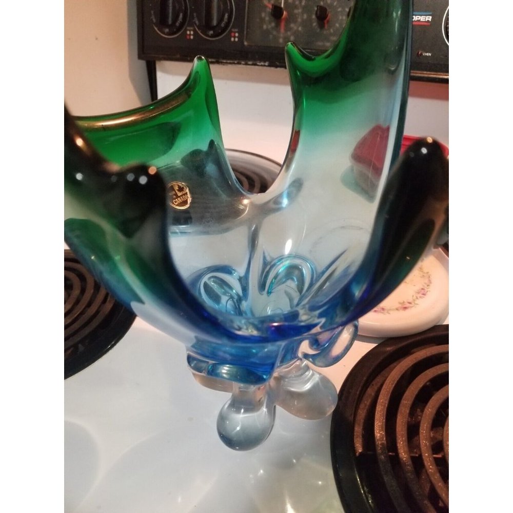 Stunner Lorraine cross-tip basket 17" Tall Blue Green Mid Century - Picture 2 of 10